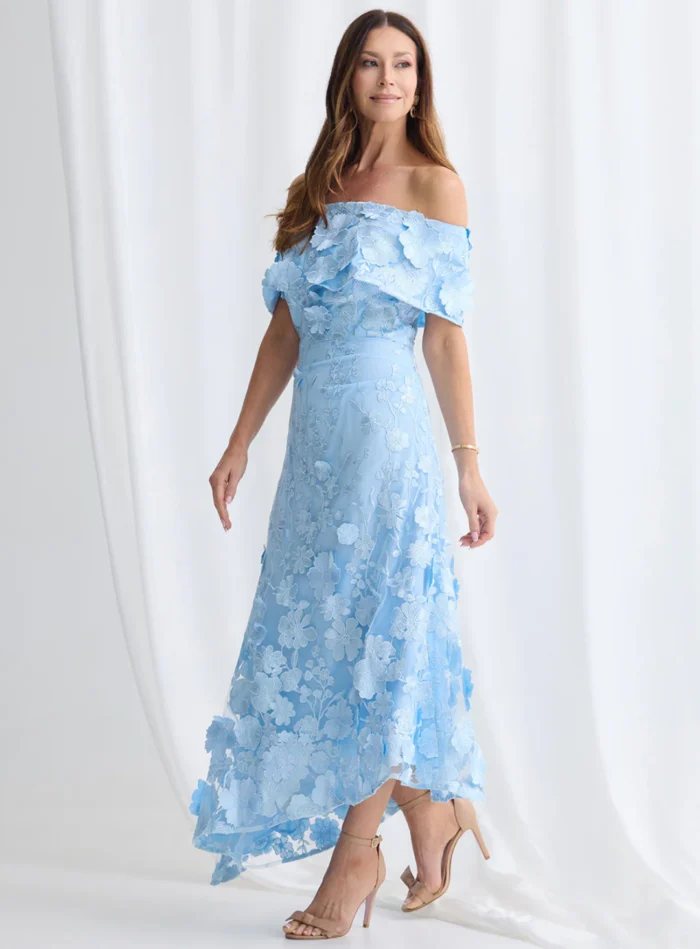 Benni Off Shoulder Dress Sculpted Florals in Pale Blue Mother of the Groom Dress