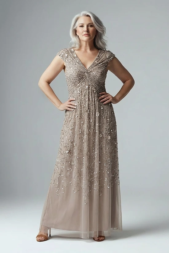 Cap Sleeve Beaded Sequin Marble Floral Gown by Adrianna Papell