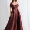 Eloisa Effortless Off Shoulder Chocolate Gown Draping by Trellis Lane