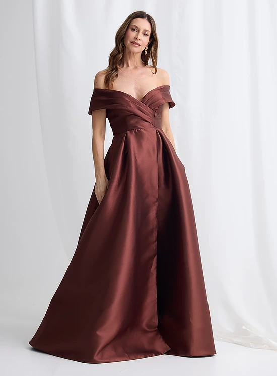Eloisa Effortless Off Shoulder Chocolate Gown Draping by Trellis Lane