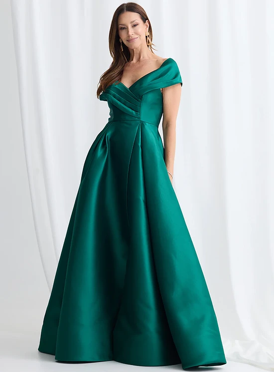 Eloisa Effortless Off Shoulder Emerald Gown Draping by Trellis Lane