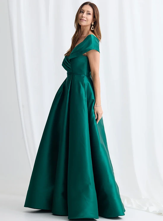 Eloisa Effortless Off Shoulder Emerald Gown Draping by Trellis Lane