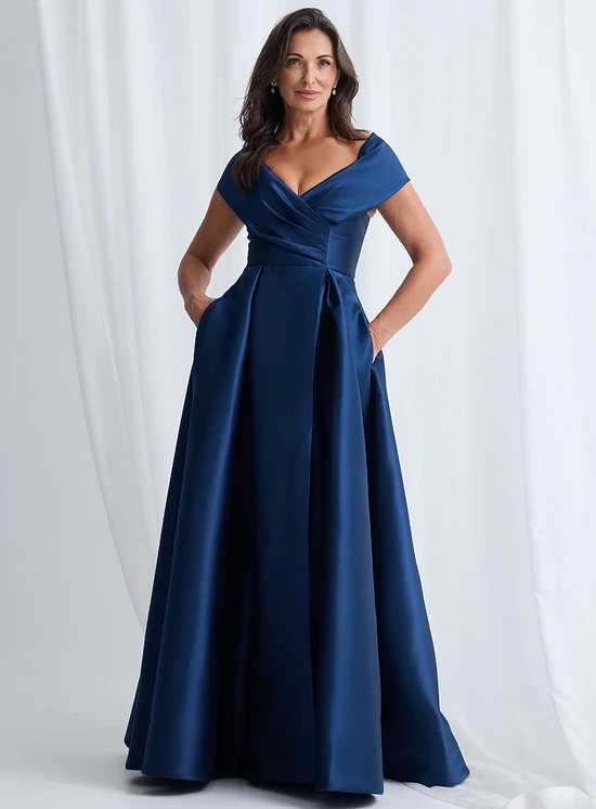 Eloisa Effortless Off Shoulder Navy Gown Draping by Trellis Lane