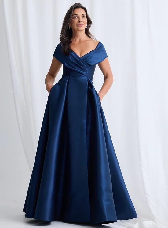 Eloisa Effortless Off Shoulder Navy Gown Draping by Trellis Lane