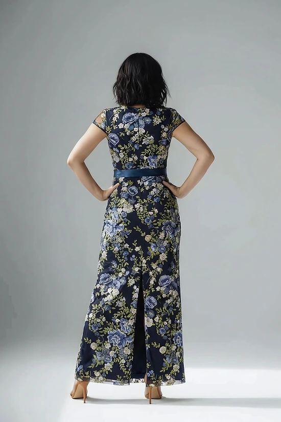 Embroidered Floral Cap Sleeve Column in Navy Multi Gown by Adrianna Papell