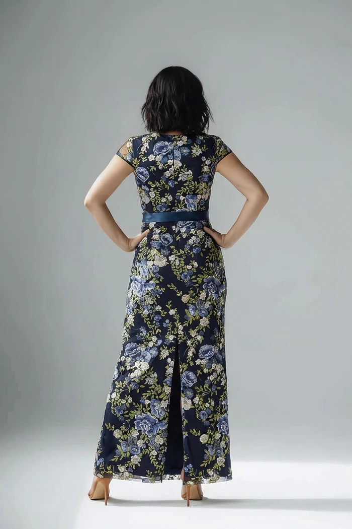 Embroidered Floral Cap Sleeve Column in Navy Multi Gown by Adrianna Papell
