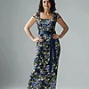 Embroidered Floral Cap Sleeve Column in Navy Multi Gown by Adrianna Papell