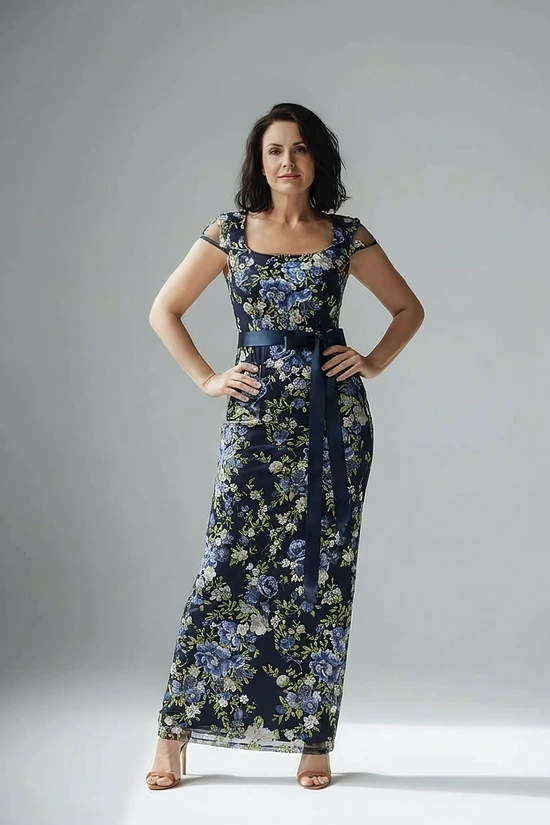 Embroidered Floral Cap Sleeve Column in Navy Multi Gown by Adrianna Papell
