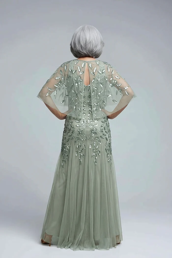 Floral Beaded Godet Cape Gown in Aqua Dust by Adrianna Papell