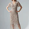 Flutter Sleeve Floral Beaded Fringe Midi Dress in Marble by Adrianna Papell