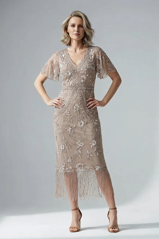 Flutter Sleeve Floral Beaded Fringe Midi Dress in Marble by Adrianna Papell