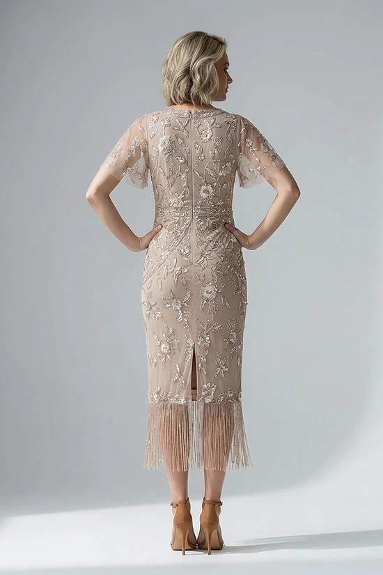 Flutter Sleeve Floral Beaded Fringe Midi Dress in Marble by Adrianna Papell