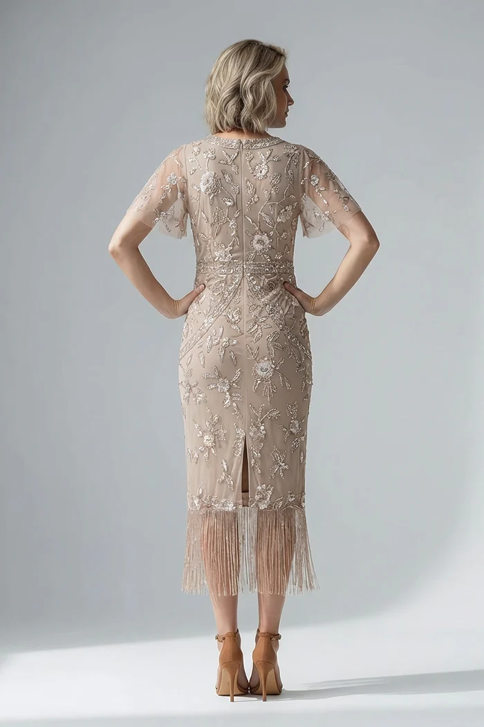 Flutter Sleeve Floral Beaded Fringe Midi Dress in Marble by Adrianna Papell