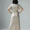 Foil Leaf Short Sleeve in Light Blue Gold Gown With Draped Details by Adrianna Papell
