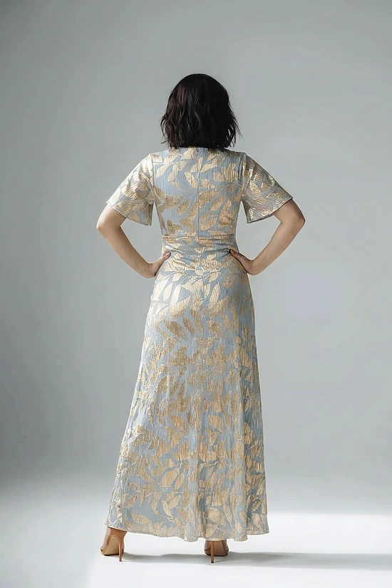 Foil Leaf Short Sleeve in Light Blue Gold Gown With Draped Details by Adrianna Papell
