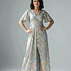 Foil Leaf Short Sleeve in Light Blue Gold Gown With Draped Details by Adrianna Papell
