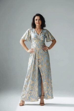 Foil Leaf Short Sleeve in Light Blue Gold Gown With Draped Details by Adrianna Papell
