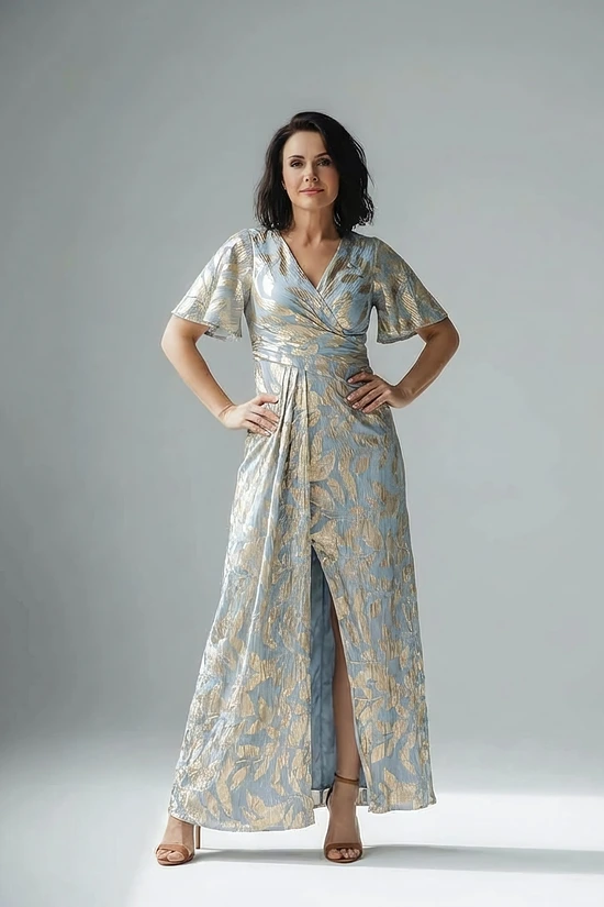 Foil Leaf Short Sleeve in Light Blue Gold Gown With Draped Details by Adrianna Papell