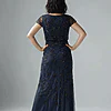 Jasmine Beaded Blouson Navy Gown With Sheer Short Sleeves by Adrianna Papell