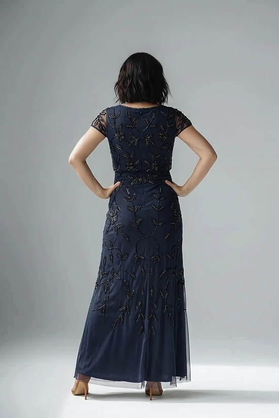 Jasmine Beaded Blouson Navy Gown With Sheer Short Sleeves by Adrianna Papell
