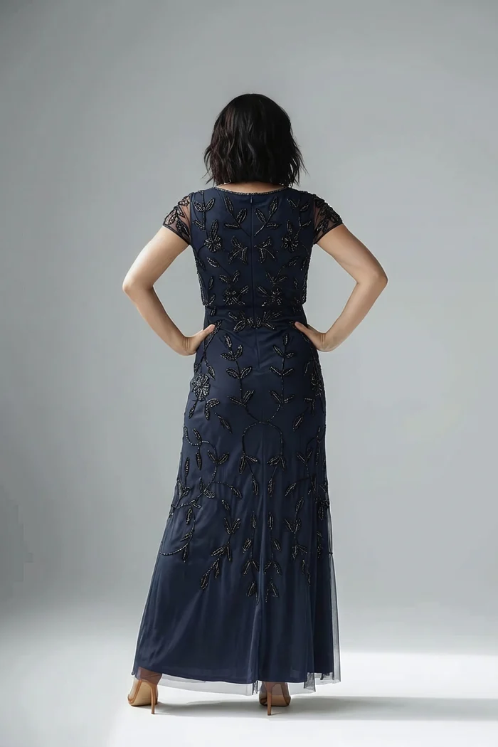 Jasmine Beaded Blouson Navy Gown With Sheer Short Sleeves by Adrianna Papell