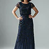 Jasmine Beaded Blouson Navy Gown With Sheer Short Sleeves by Adrianna Papell
