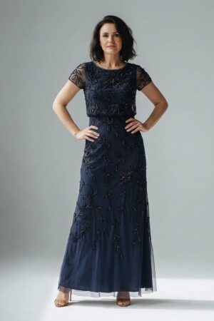 Jasmine Beaded Blouson Navy Gown With Sheer Short Sleeves by Adrianna Papell