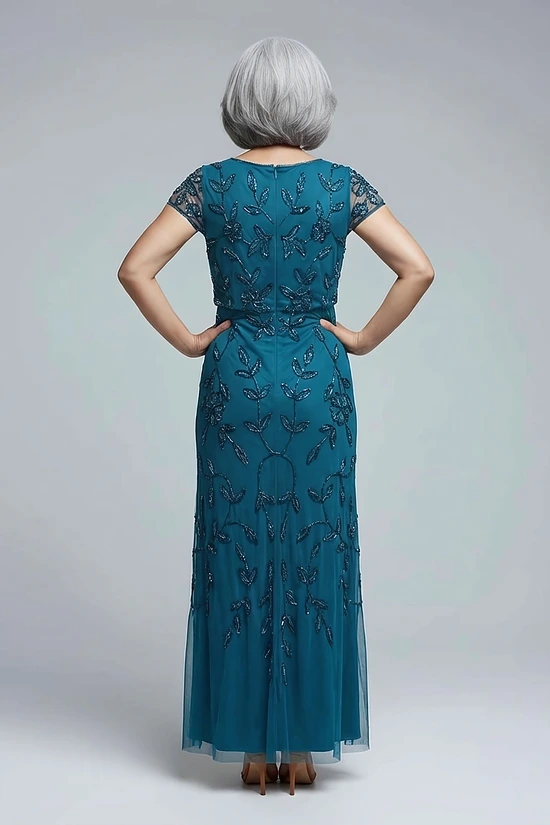 Jasmine Beaded Blouson Teal Gown With Sheer Short Sleeves by Adrianna Papell