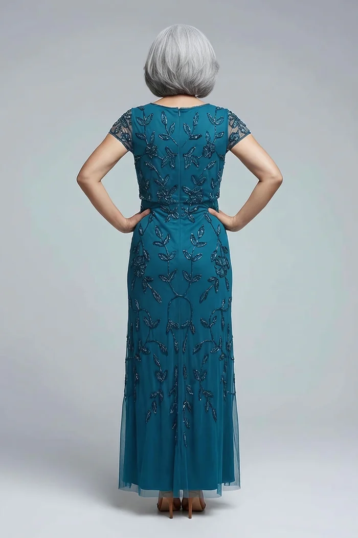 Jasmine Beaded Blouson Teal Gown With Sheer Short Sleeves by Adrianna Papell