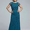 Jasmine Beaded Blouson Teal Gown With Sheer Short Sleeves by Adrianna Papell