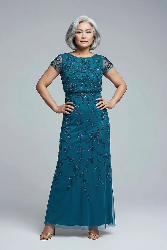 Jasmine Beaded Blouson Teal Gown With Sheer Short Sleeves by Adrianna Papell
