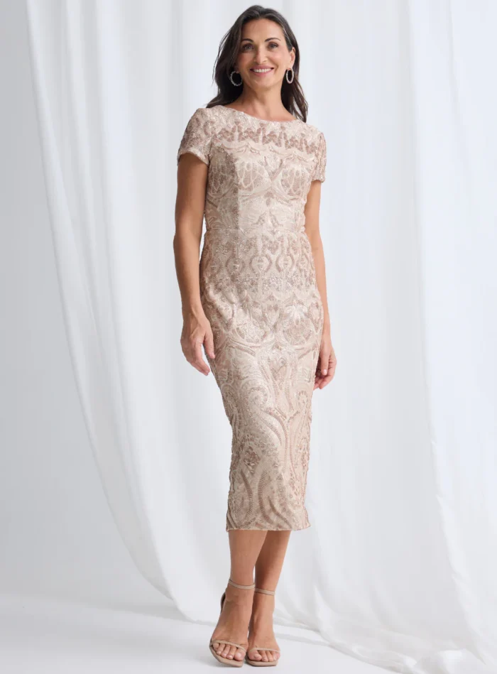 Jazz Sequin Midi Dress Polished Shimmer with Effortless Comfort in Champagne Mother of the Bride Dress