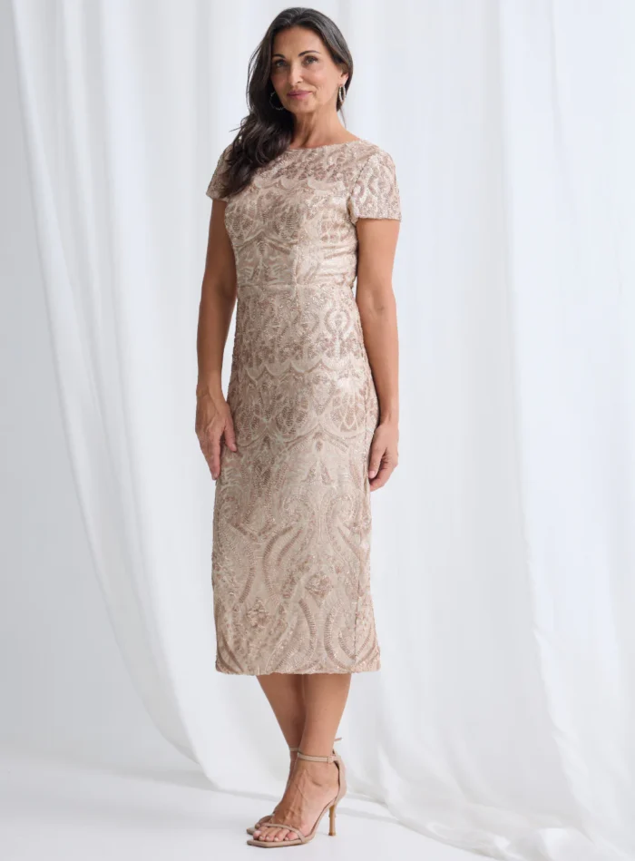 Jazz Sequin Midi Dress Polished Shimmer with Effortless Comfort in Champagne Mother of the Bride Dress