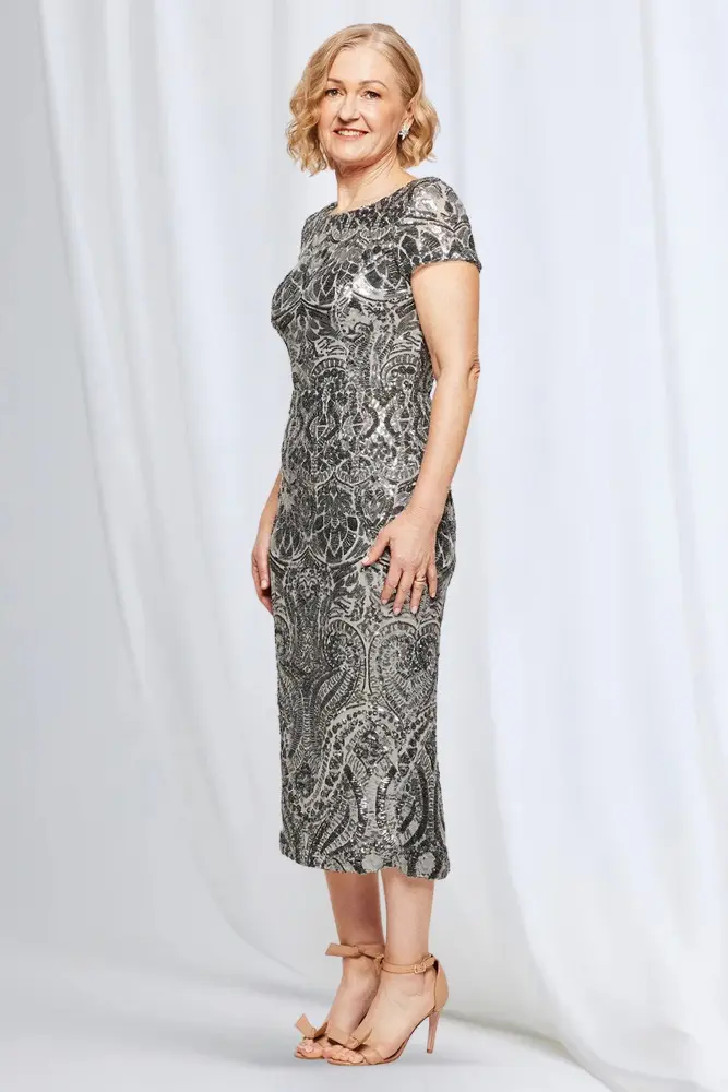 Jazz Sequin Midi Dress Polished Shimmer with Effortless Comfort in Gunmetal Mother of the Bride Dress