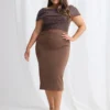 Joyce Beaded Mid Length Chocolate Dress Soft Refined Silhouette in Chocolate Mother of the Groom Dress