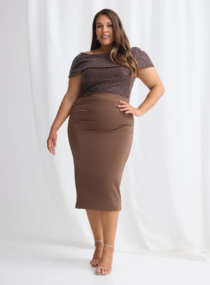 Joyce Beaded Mid Length Chocolate Dress Soft Refined Silhouette in Chocolate Mother of the Groom Dress