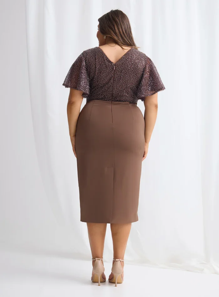 Joyce Beaded Mid Length Chocolate Dress Soft Refined Silhouette in Chocolate Mother of the Groom Dress