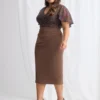 Joyce Beaded Mid Length Chocolate Dress Soft Refined Silhouette in Chocolate Mother of the Groom Dress