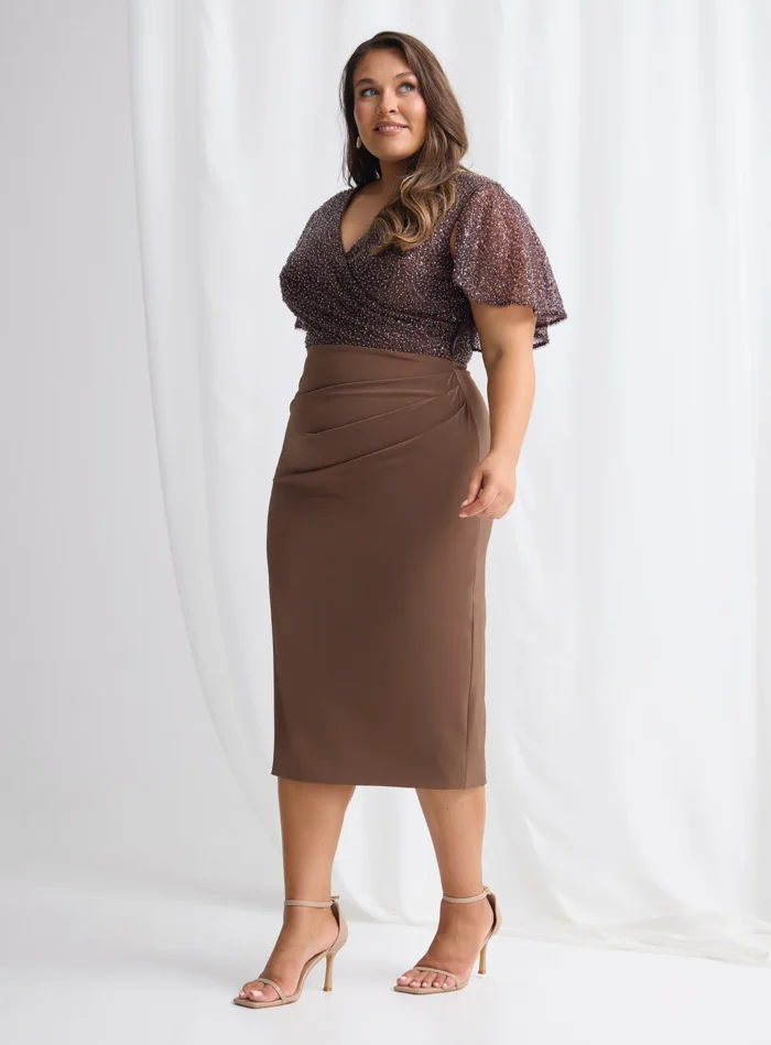 Joyce Beaded Mid Length Chocolate Dress Soft Refined Silhouette in Chocolate Mother of the Groom Dress