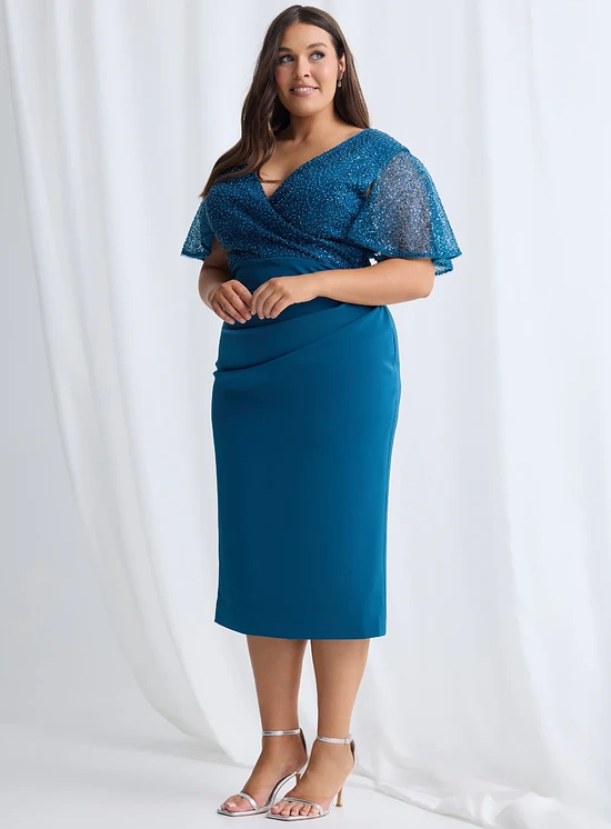 Joyce Beaded Mid Length Chocolate Dress Soft Refined Silhouette in Teal Mother of the Groom Dress
