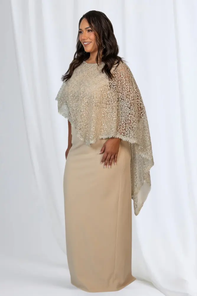 June Dress Soft Sparkle in a Fluid Silhouette in Champagne Mother of the Groom Dress