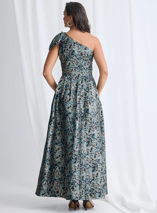 Langham One-Shoulder Bow Mint Multi Maxi in Sculpted Jacquard by Trellis Lane