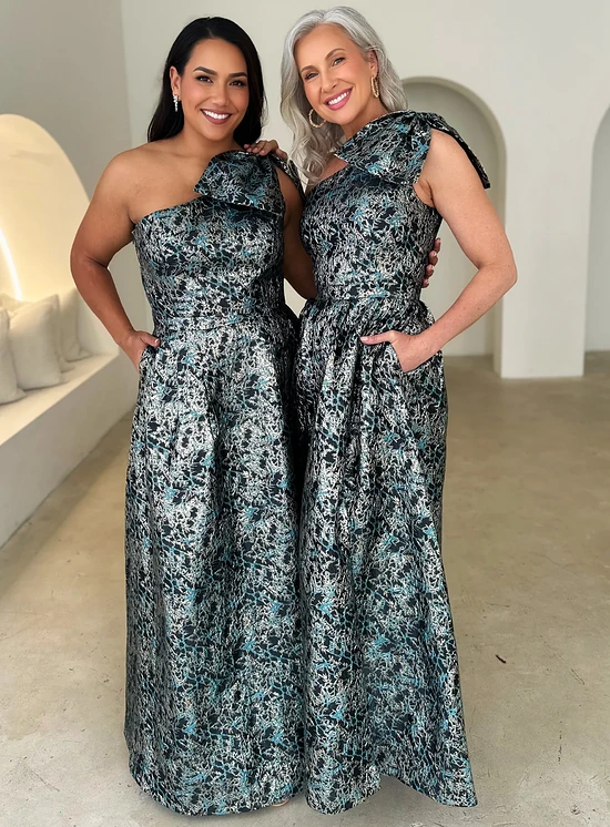Langham One-Shoulder Bow Mint Multi Maxi in Sculpted Jacquard by Trellis Lane