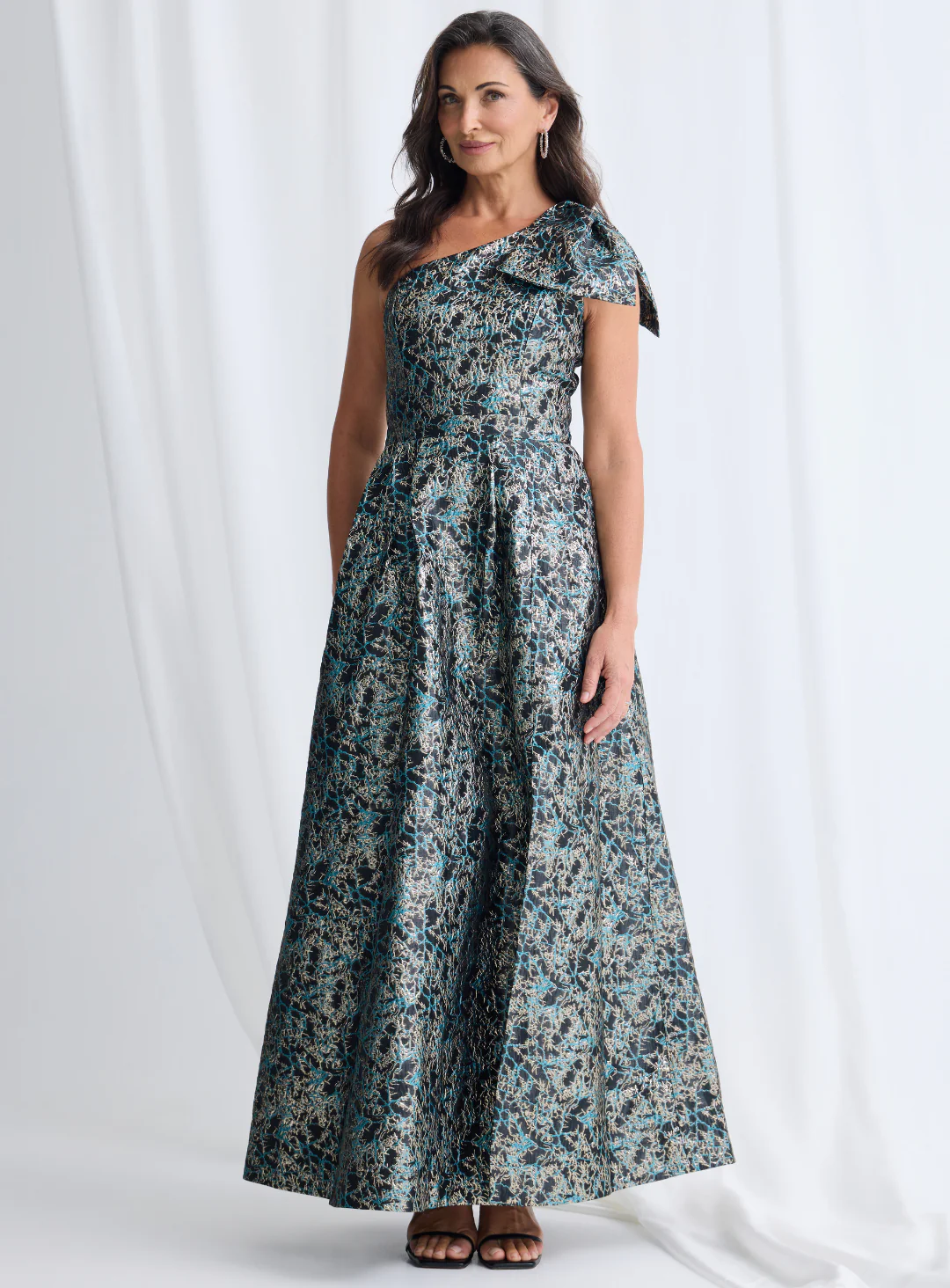 Langham One-Shoulder Bow Mint Multi Maxi in Sculpted Jacquard by Trellis Lane