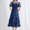 Lizzie Puff Sleeve Midi Florals with Modern Volume in Navy Mother of the Bride Dress
