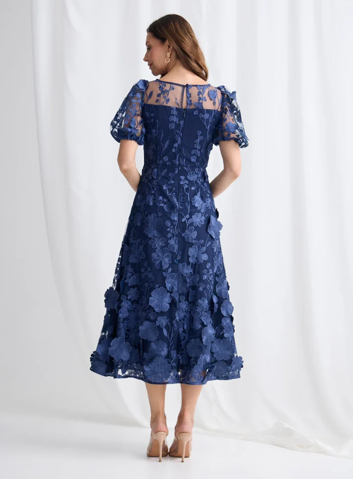 Lizzie Puff Sleeve Midi Florals with Modern Volume in Navy Mother of the Bride Dress