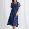 Lizzie Puff Sleeve Midi Florals with Modern Volume in Navy Mother of the Bride Dress