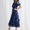 Lizzie Puff Sleeve Midi Florals with Modern Volume in Navy Mother of the Bride Dress