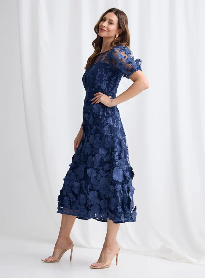 Lizzie Puff Sleeve Midi Florals with Modern Volume in Navy Mother of the Bride Dress
