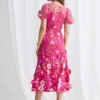 Lizzie Puff Sleeve Midi Florals with Modern Volume in Pink Mother of the Bride Dress